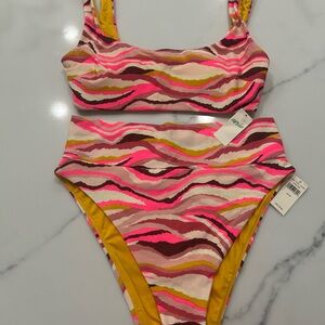 Aerie Pink Multicolor Wave-Print Bikini Bottoms
